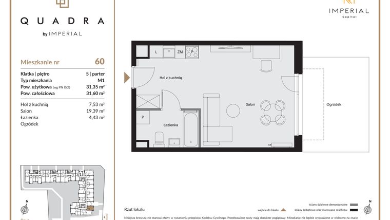 Rzut - Mieszkanie na sprzedaż 1 pokój o powierzchni 31,35 m² - numer 60 w QUADRA