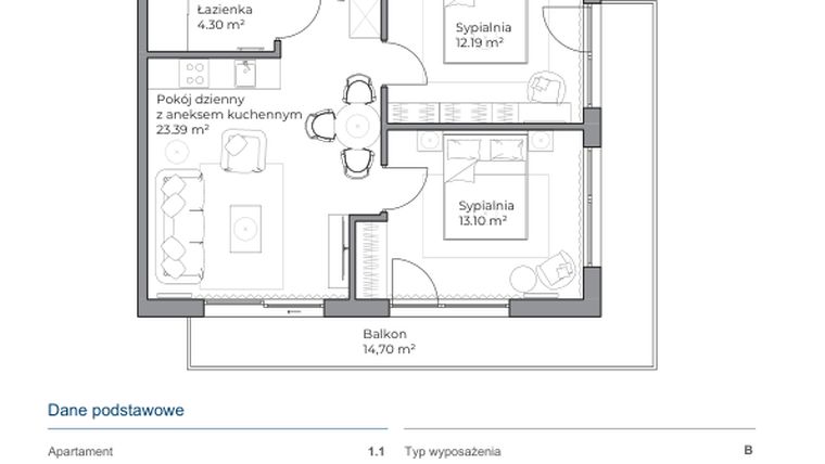 Rzut - Mieszkanie na sprzedaż 3 pokoje o powierzchni 52,83 m² - numer B.1.1 w Anchoria Holiday