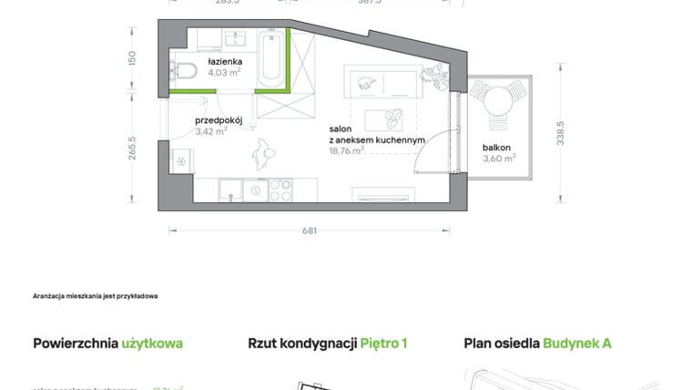 Rzut - Mieszkanie na sprzedaż 1 pokój o powierzchni 26,21 m² - numer A/KL1/1/03 w Podhalańska Vita