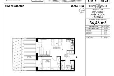 Rzut - Mieszkanie na sprzedaż 2 pokoje o powierzchni 36,46 m² - numer JAR-II-B-LM-M44 w Osiedle JAR Heweliusza etap II