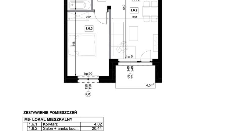 Rzut - Mieszkanie na sprzedaż 2 pokoje o powierzchni 41,96 m² - numer M6 w Miejska Premium II