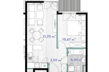 Rzut - Mieszkanie na sprzedaż 2 pokoje o powierzchni 40,67 m² - numer A.03.12 w Do Wilgi