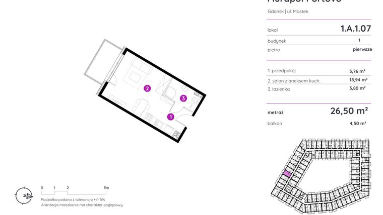 Rzut - Mieszkanie na sprzedaż 1 pokój o powierzchni 26,5 m² - numer 1.A.1.07 w Murapol Portovo etap II