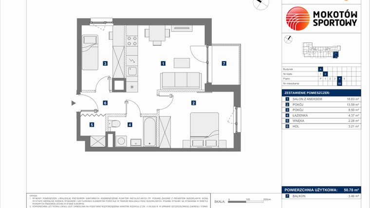 Rzut - Mieszkanie na sprzedaż 3 pokoje o powierzchni 50,78 m² - numer A.55 w Mokotów Sportowy