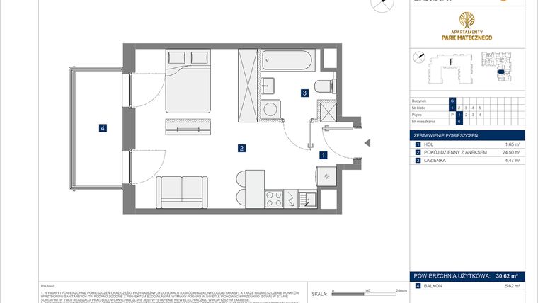 Rzut - Mieszkanie na sprzedaż 1 pokój o powierzchni 30,62 m² - numer G-6 w Apartamenty Park Matecznego Etap 2