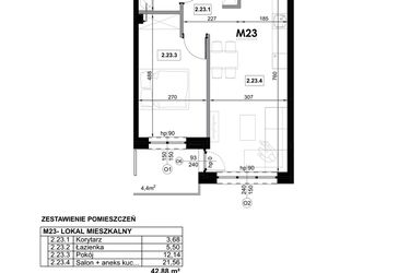 Rzut - Mieszkanie na sprzedaż 2 pokoje o powierzchni 42,88 m² - numer M23 w Miejska Premium II