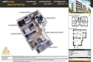 Rzut - Mieszkanie na sprzedaż 3 pokoje o powierzchni 59,42 m² - numer A27 w Osiedle Wełnowe Apartamenty