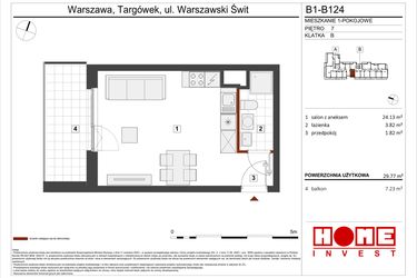 Rzut - Mieszkanie na sprzedaż 1 pokój o powierzchni 29,77 m² - numer B1-B124 w Warszawski Świt etap VIII