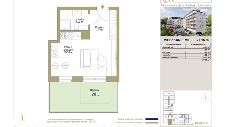 Rzut - Mieszkanie na sprzedaż 1 pokój o powierzchni 27,26 m² - numer M6 w Barbary 19