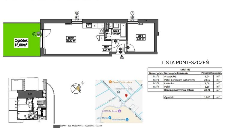 Rzut - Mieszkanie na sprzedaż 2 pokoje o powierzchni 40,74 m² - numer M3 w Jeziorna 1