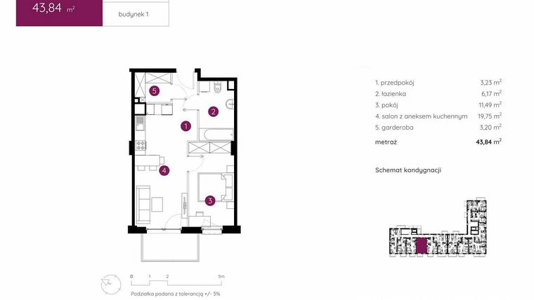 Rzut - Mieszkanie na sprzedaż 2 pokoje o powierzchni 43,84 m² - numer 1.B.1.03 w Murapol Urcity