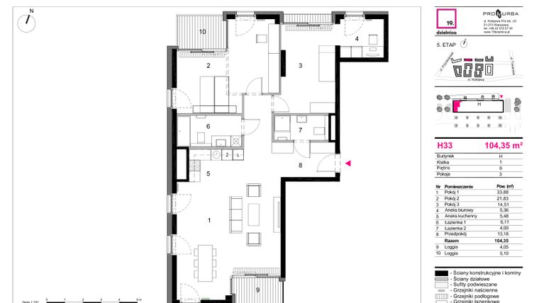 Rzut - Mieszkanie na sprzedaż 3 pokoje o powierzchni 104,35 m² - numer H33 w 19. Dzielnica Etap V
