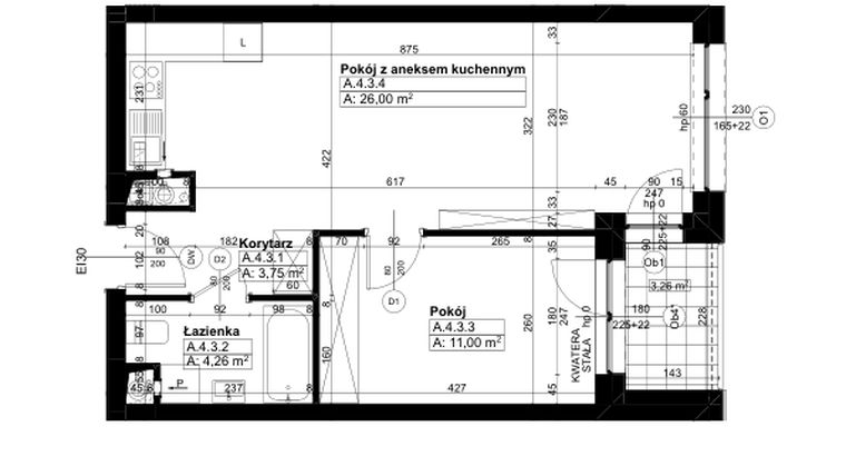 Rzut - Mieszkanie na sprzedaż 2 pokoje o powierzchni 45,01 m² - numer A/4/3 w Świerzawska 13