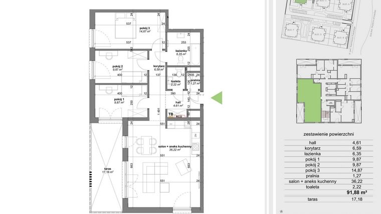 Rzut - Mieszkanie na sprzedaż 4 pokoje o powierzchni 91,88 m² - numer E.8.1 w Park Przy Stawach