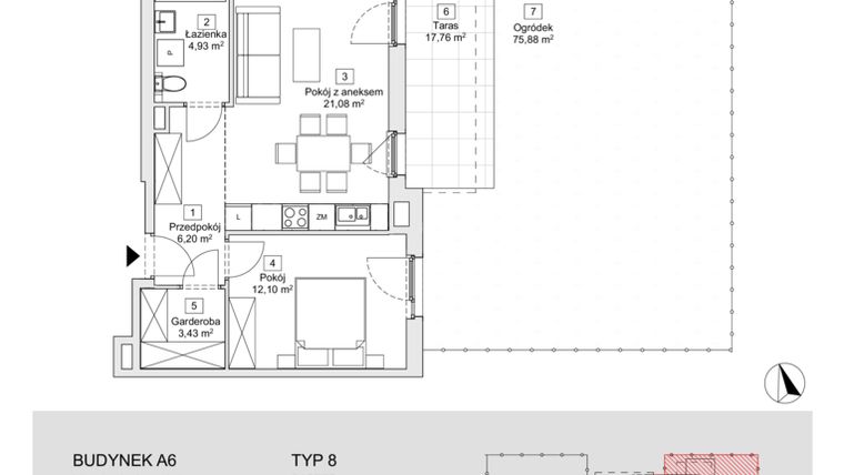 Rzut - Mieszkanie na sprzedaż 2 pokoje o powierzchni 47,74 m² - numer A6.0.1 w Zacisze Marcelin IIIa