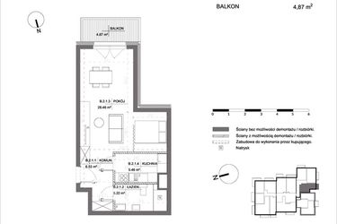 Rzut - Mieszkanie na sprzedaż 1 pokój o powierzchni 43,69 m² - numer B.2.1 w Polanka 21