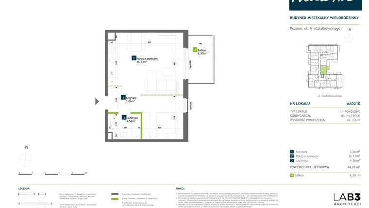 Rzut - Mieszkanie na sprzedaż 1 pokój o powierzchni 44,35 m² - numer AA0210 w Vilda Arte