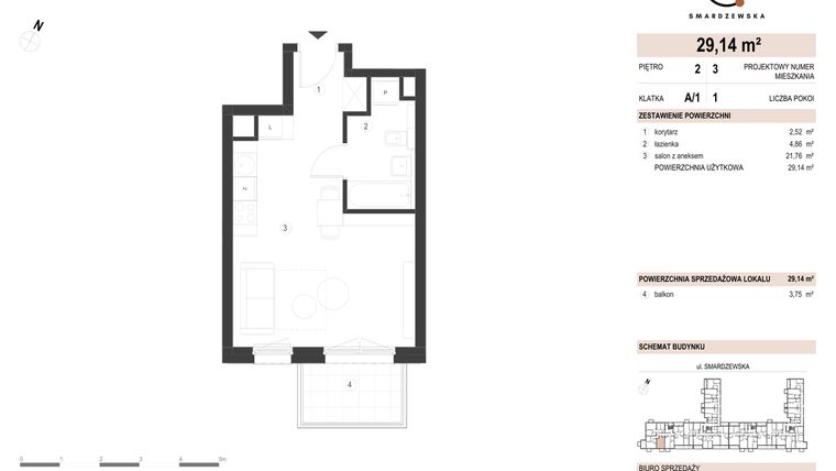 Rzut - Mieszkanie na sprzedaż 1 pokój o powierzchni 29,14 m² - numer A/1/2.3 w Smardzewska 8