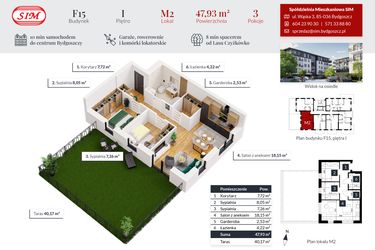 Rzut - Mieszkanie na sprzedaż 3 pokoje o powierzchni 47,93 m² - numer 2 w Tęczowy Zakątek F-15