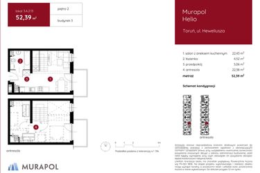 Rzut - Mieszkanie na sprzedaż 1 pokój o powierzchni 52,39 m² - numer 3.A.2.13 w Murapol Helio