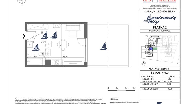 Rzut - Mieszkanie na sprzedaż 1 pokój o powierzchni 28,88 m² - numer 62 w Apartamenty Teligi