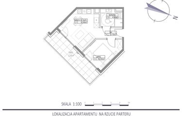 Rzut - Mieszkanie na sprzedaż 2 pokoje o powierzchni 33,18 m² - numer E1 w Apartamenty na Klifie bud. D, E i F