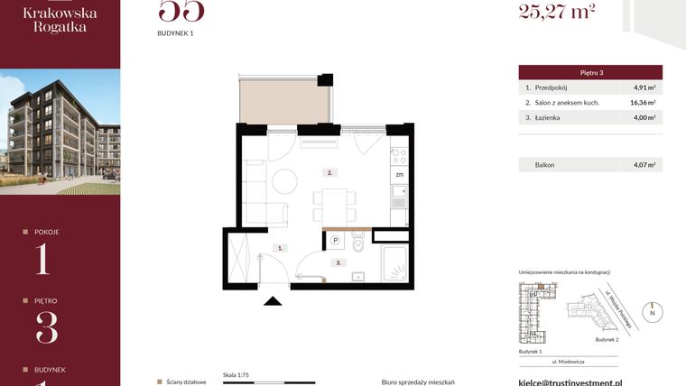 Rzut - Mieszkanie na sprzedaż 1 pokój o powierzchni 25,27 m² - numer 1.M55 w Krakowska Rogatka