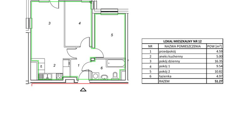 Rzut - Mieszkanie na sprzedaż 3 pokoje o powierzchni 51,19 m² - numer 12 w Nowa Pszczelna