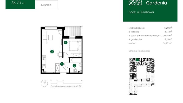 Rzut - Mieszkanie na sprzedaż 1 pokój o powierzchni 38,73 m² - numer 1.D.0.08 w Murapol Gardenia
