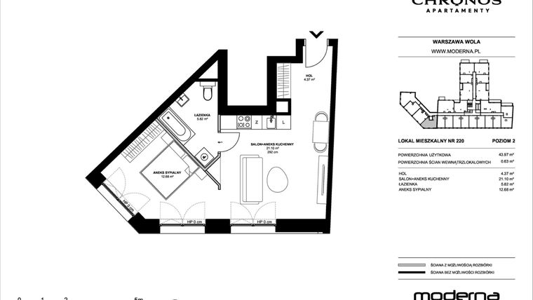 Rzut - Mieszkanie na sprzedaż 2 pokoje o powierzchni 43,97 m² - numer 220 w Chronos etap II