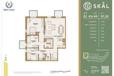 Rzut - Mieszkanie na sprzedaż 1 pokój o powierzchni 97,2 m² - numer M.43+44 w Skal