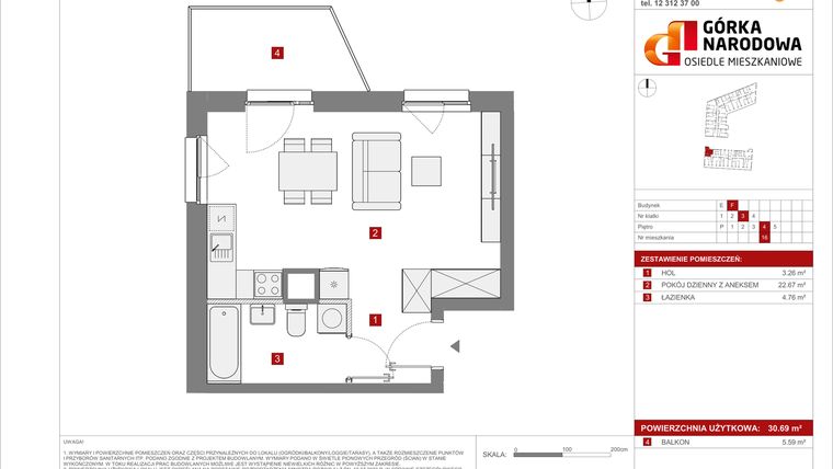 Rzut - Mieszkanie na sprzedaż 1 pokój o powierzchni 30,69 m² - numer 5.3.F.16 w Osiedle Górka Narodowa etap 5