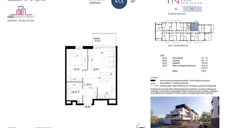 Rzut - Mieszkanie na sprzedaż 2 pokoje o powierzchni 41,5 m² - numer A1-22 w Park Mielecka