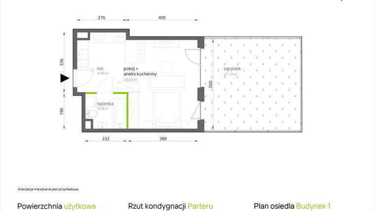 Rzut - Mieszkanie na sprzedaż 1 pokój o powierzchni 32,67 m² - numer 1.0.02 w Aroniowa Vita