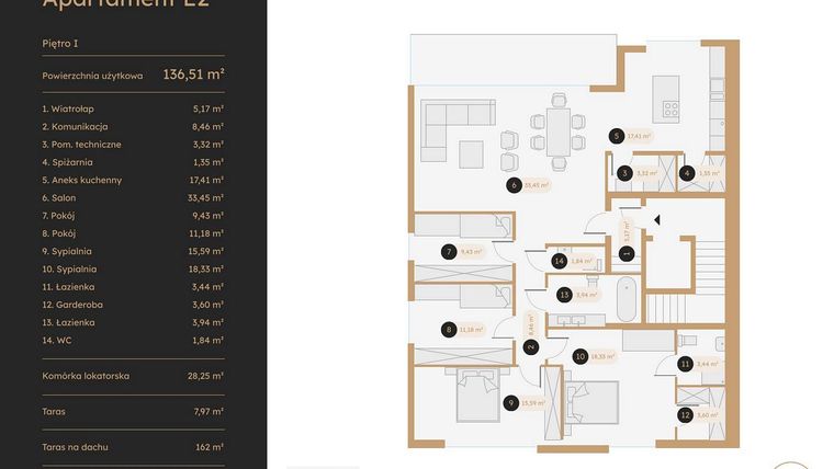 Rzut - Mieszkanie na sprzedaż 6 pokoi o powierzchni 139,08 m² - numer E2 w The Emaus
