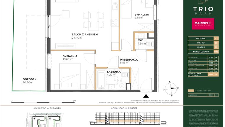 Rzut - Mieszkanie na sprzedaż 3 pokoje o powierzchni 59,66 m² - numer C006 w Trio Park bud. C