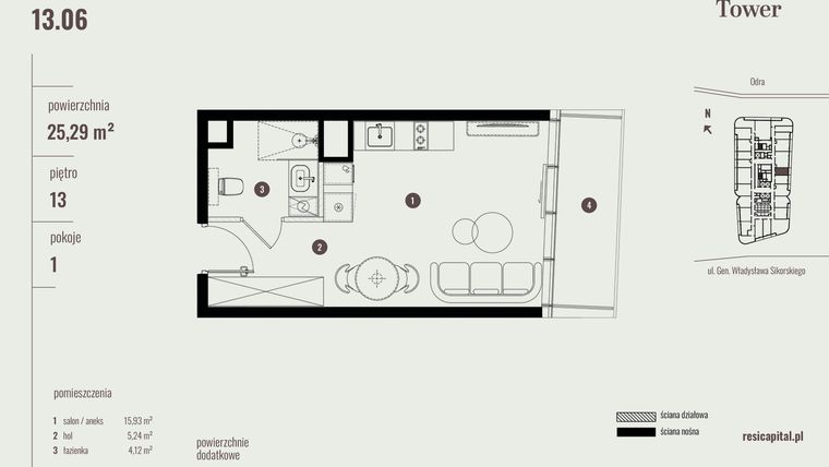 Rzut - Mieszkanie na sprzedaż 1 pokój o powierzchni 25,29 m² - numer 13.06 w Quorum Tower
