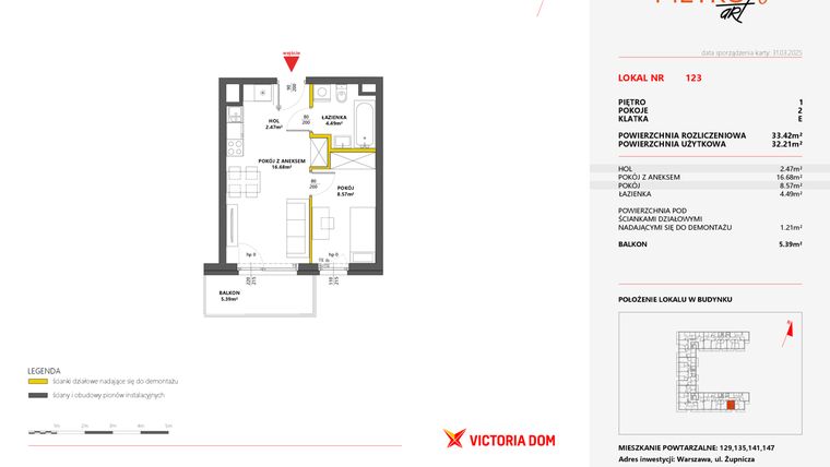 Rzut - Mieszkanie na sprzedaż 2 pokoje o powierzchni 33,42 m² - numer 123 w Metro Art 6