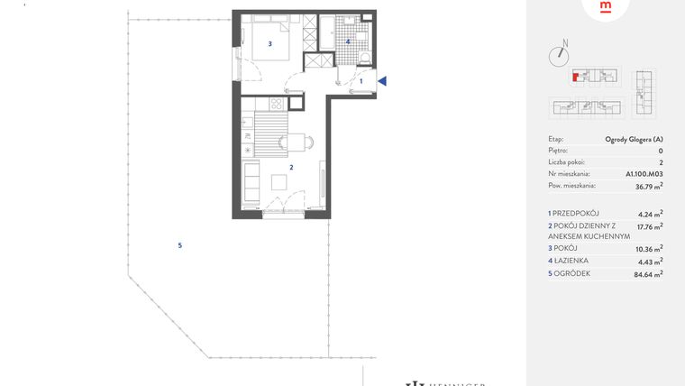 Rzut - Mieszkanie na sprzedaż 2 pokoje o powierzchni 36,84 m² - numer A1.100.M03 w Mieszkaj w mieście - Ogrody Glogera