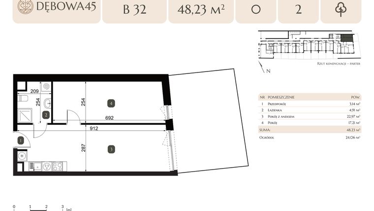 Rzut - Lokal użytkowy na sprzedaż 2 pokoje o powierzchni 48,23 m² - numer B.32 - LU4 w Dębowa 45