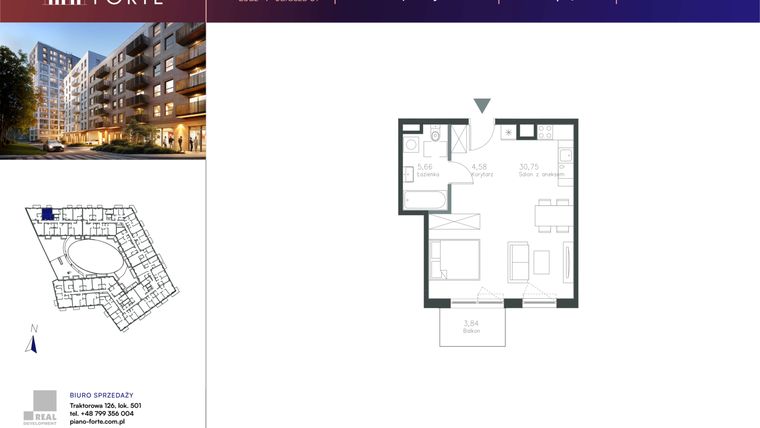 Rzut - Mieszkanie na sprzedaż 1 pokój o powierzchni 40,98 m² - numer A.1.08 w Piano