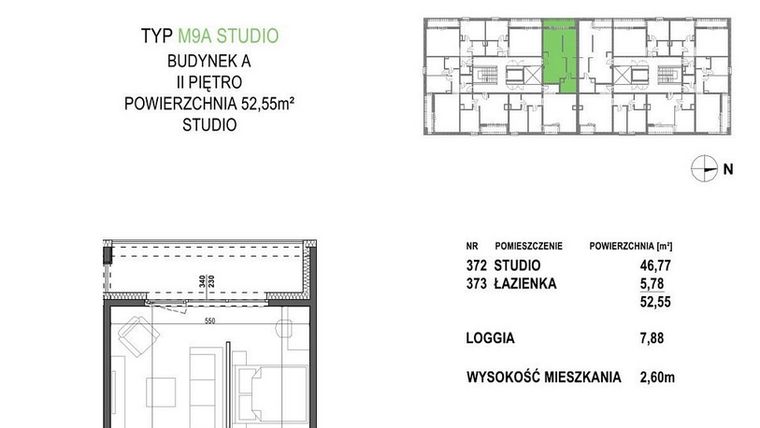 Rzut - Mieszkanie na sprzedaż 1 pokój o powierzchni 52,55 m² - numer M9A.P3 w Apartamenty Żorska