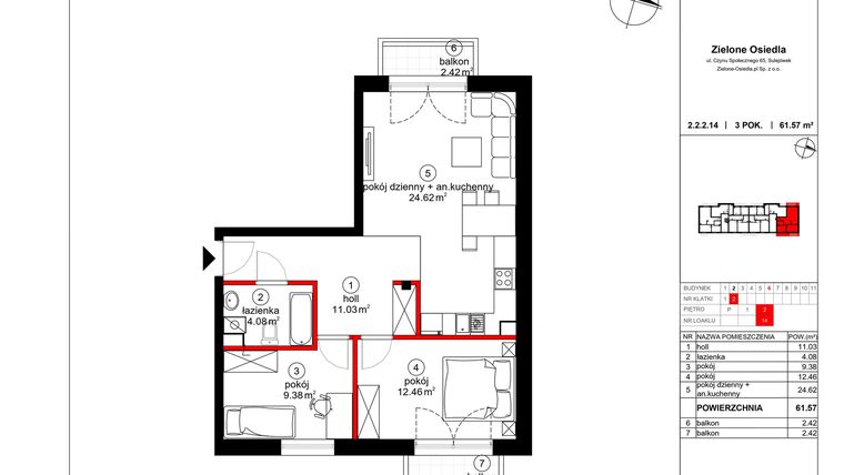 Rzut - Mieszkanie na sprzedaż 3 pokoje o powierzchni 60,53 m² - numer 14 w Czynu Społecznego 65E