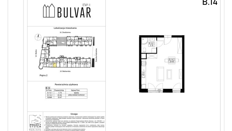 Rzut - Mieszkanie na sprzedaż 1 pokój o powierzchni 33,47 m² - numer B14 w Bulvar etap II