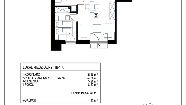 Rzut - Mieszkanie na sprzedaż 2 pokoje o powierzchni 43,81 m² - numer 1B-1.7 w Gardenia Pogodno