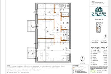 Rzut - Mieszkanie na sprzedaż 3 pokoje o powierzchni 59,99 m² - numer J2-26 w Park Leśny Rembertów etap VIII
