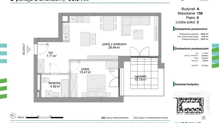 Rzut - Mieszkanie na sprzedaż 2 pokoje o powierzchni 56,04 m² - numer 158 w Osiedle Fokus Ursus