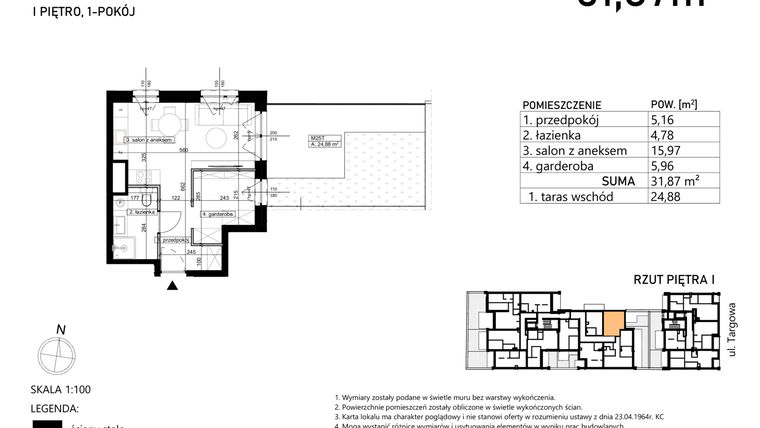 Rzut - Mieszkanie na sprzedaż 1 pokój o powierzchni 31,87 m² - numer M25 w Finezja