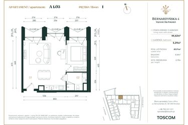 Rzut - Mieszkanie na sprzedaż 1 pokój o powierzchni 49,91 m² - numer A/1/03 w Bernardyńska 4