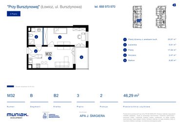 Rzut - Mieszkanie na sprzedaż 2 pokoje o powierzchni 46,29 m² - numer 32B w Przy Bursztynowej